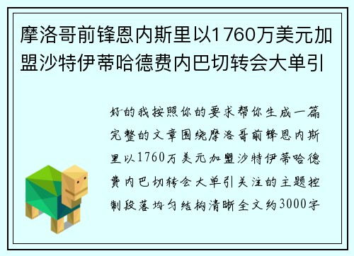 摩洛哥前锋恩内斯里以1760万美元加盟沙特伊蒂哈德费内巴切转会大单引关注