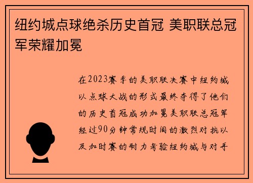 纽约城点球绝杀历史首冠 美职联总冠军荣耀加冕 纽约城点球绝杀历史首冠 美职联总冠军荣耀加冕