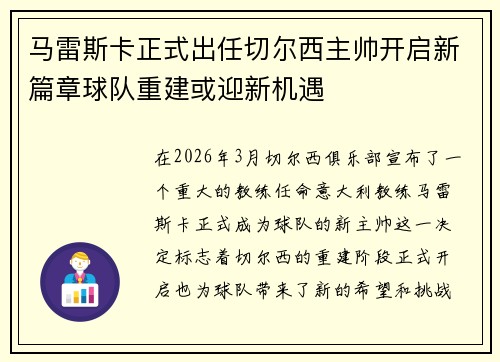 马雷斯卡正式出任切尔西主帅开启新篇章球队重建或迎新机遇