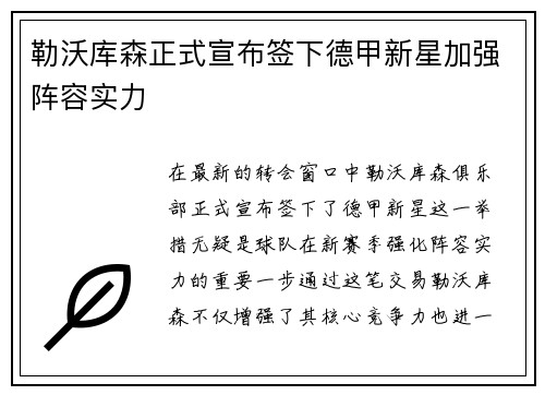 勒沃库森正式宣布签下德甲新星加强阵容实力 勒沃库森正式宣布签下德甲新星加强阵容实力