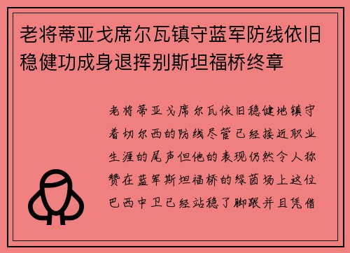老将蒂亚戈席尔瓦镇守蓝军防线依旧稳健功成身退挥别斯坦福桥终章 老将蒂亚戈席尔瓦镇守蓝军防线依旧稳健功成身退挥别斯坦福桥终章